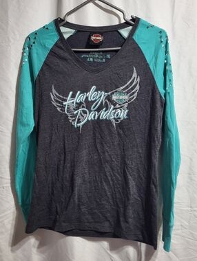 Harley-Davidson Teal & Charcoal V-Neck Raglan Long Sleeve Top, Size Small